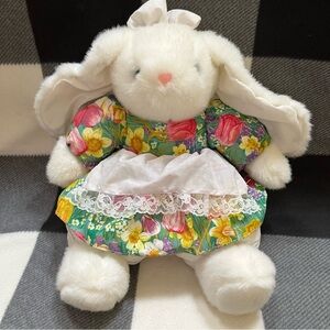 Vintage Plush Easter Fluffy Bunny in Spring Dress